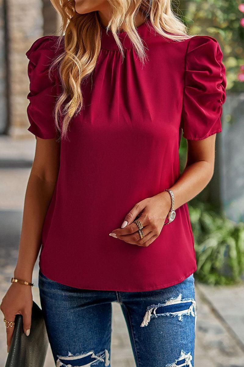 DRAPED SLEEVE JEWEL NECK CASUAL TOP - Doublju