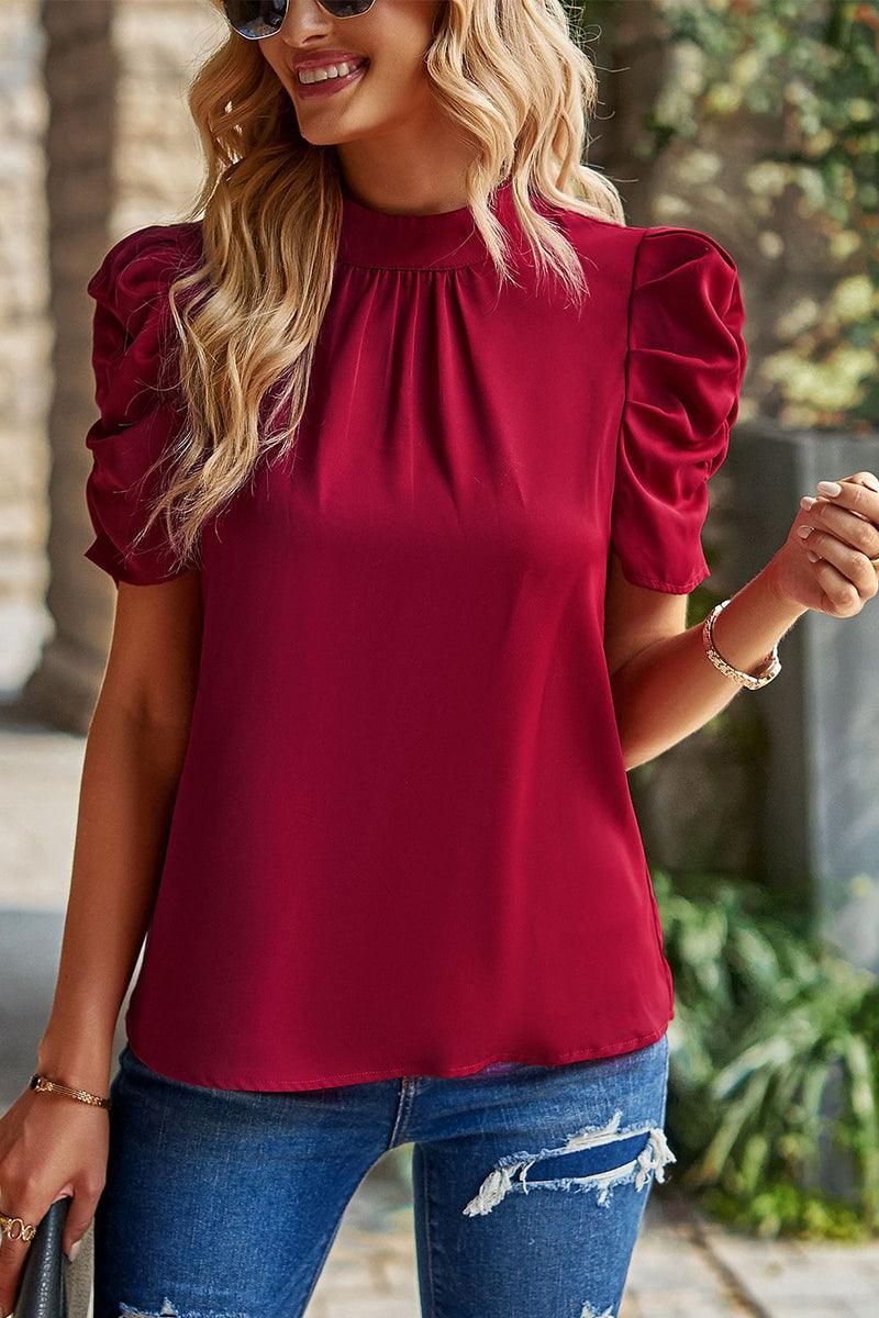 DRAPED SLEEVE JEWEL NECK CASUAL TOP - Doublju