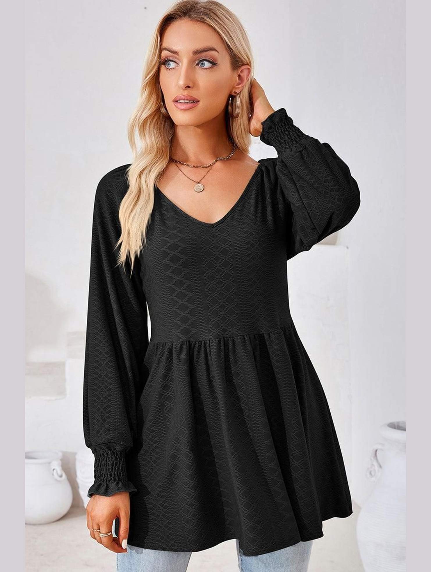 WOMEN V NECK PATTERNED RUFFLE SLEEVE TUNIC - Doublju