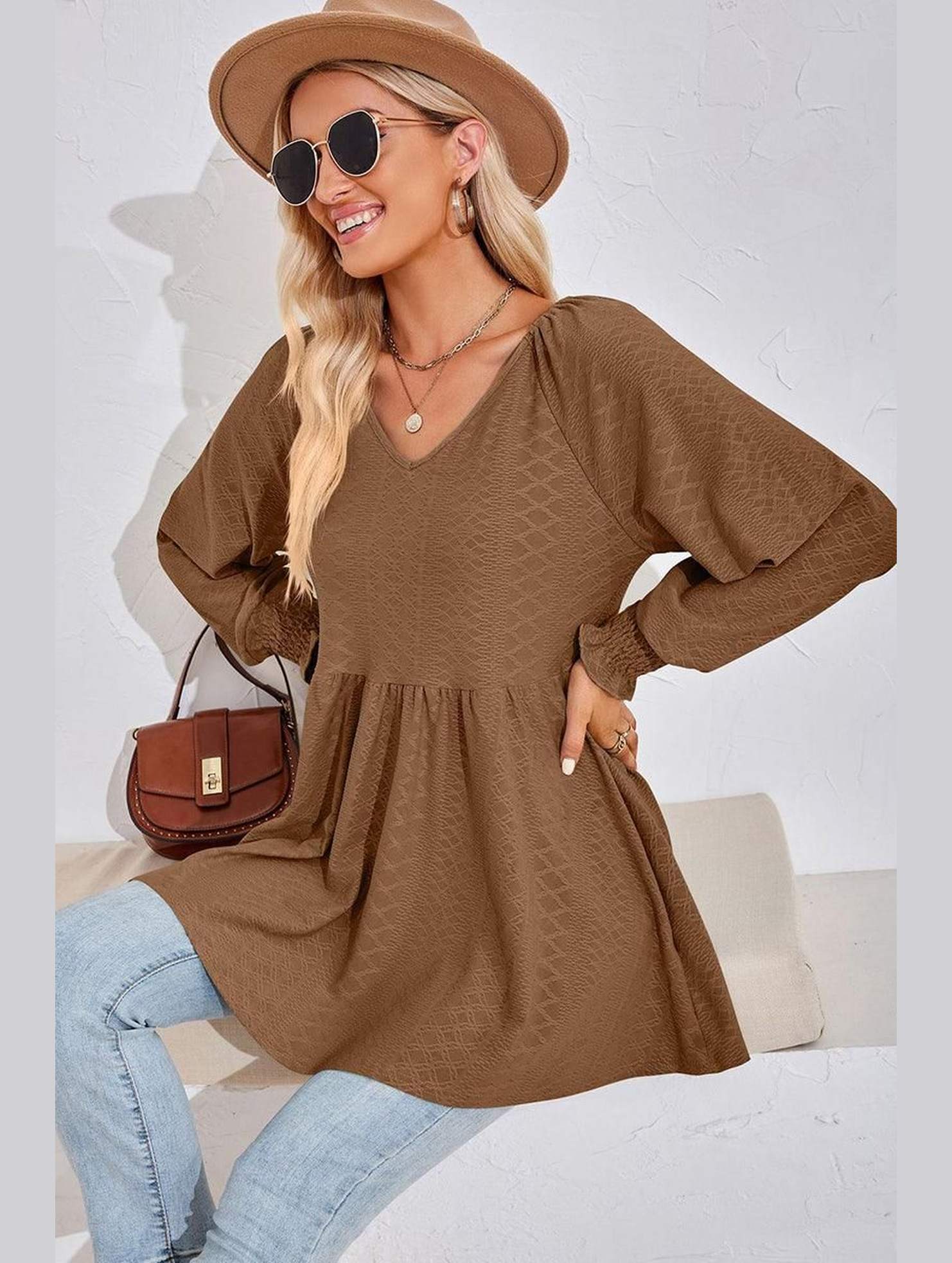 WOMEN V NECK PATTERNED RUFFLE SLEEVE TUNIC - Doublju