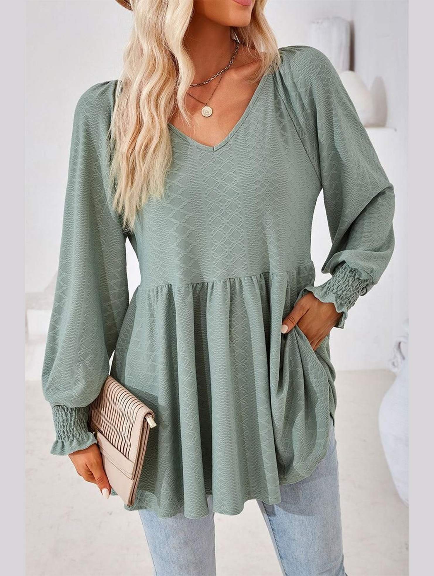 WOMEN V NECK PATTERNED RUFFLE SLEEVE TUNIC - Doublju