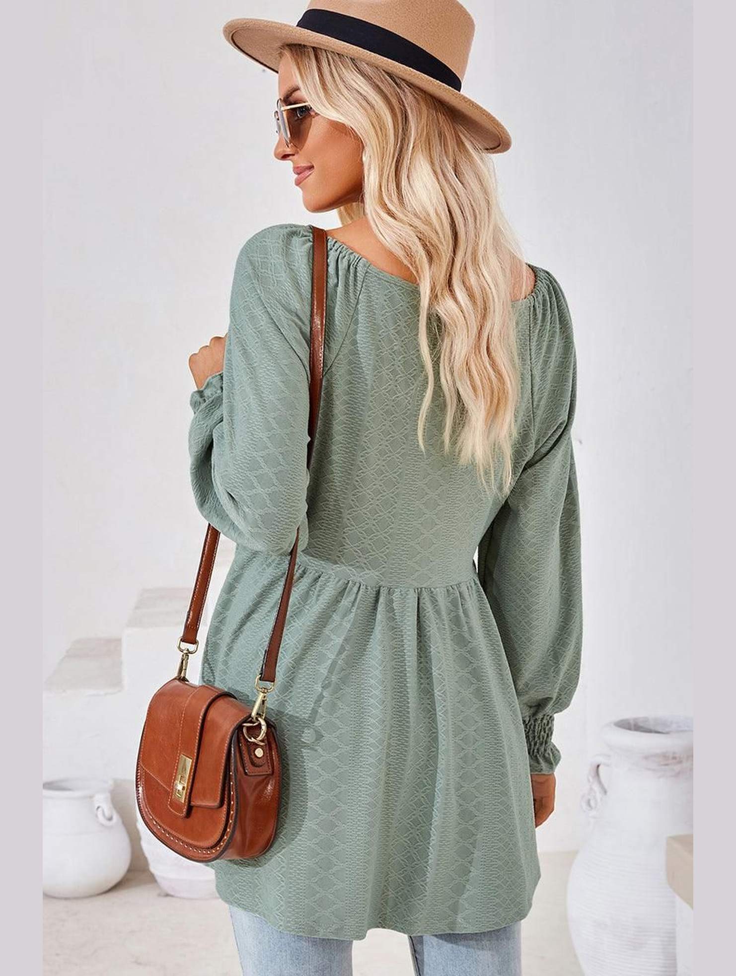 WOMEN V NECK PATTERNED RUFFLE SLEEVE TUNIC - Doublju