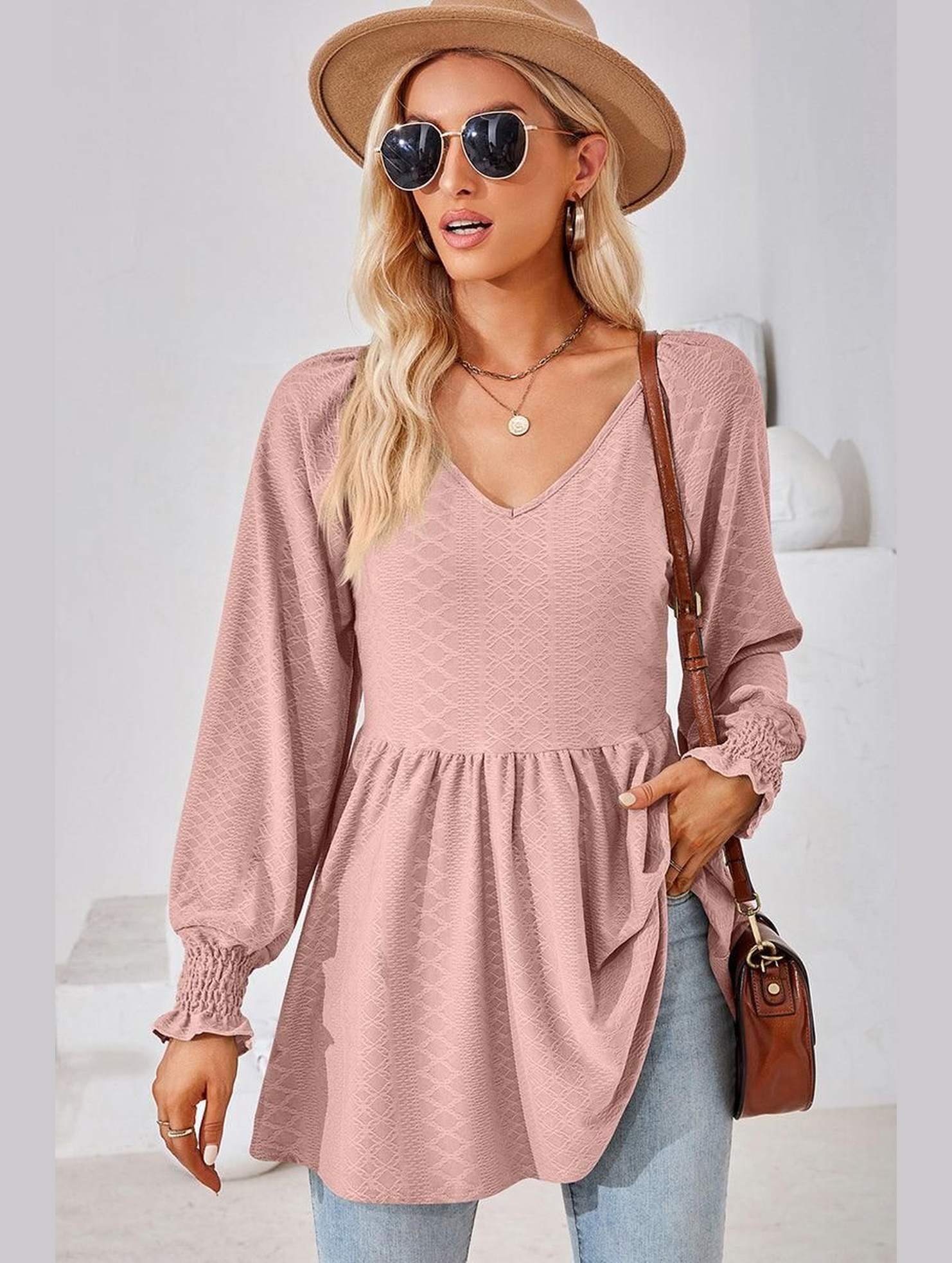 WOMEN V NECK PATTERNED RUFFLE SLEEVE TUNIC - Doublju
