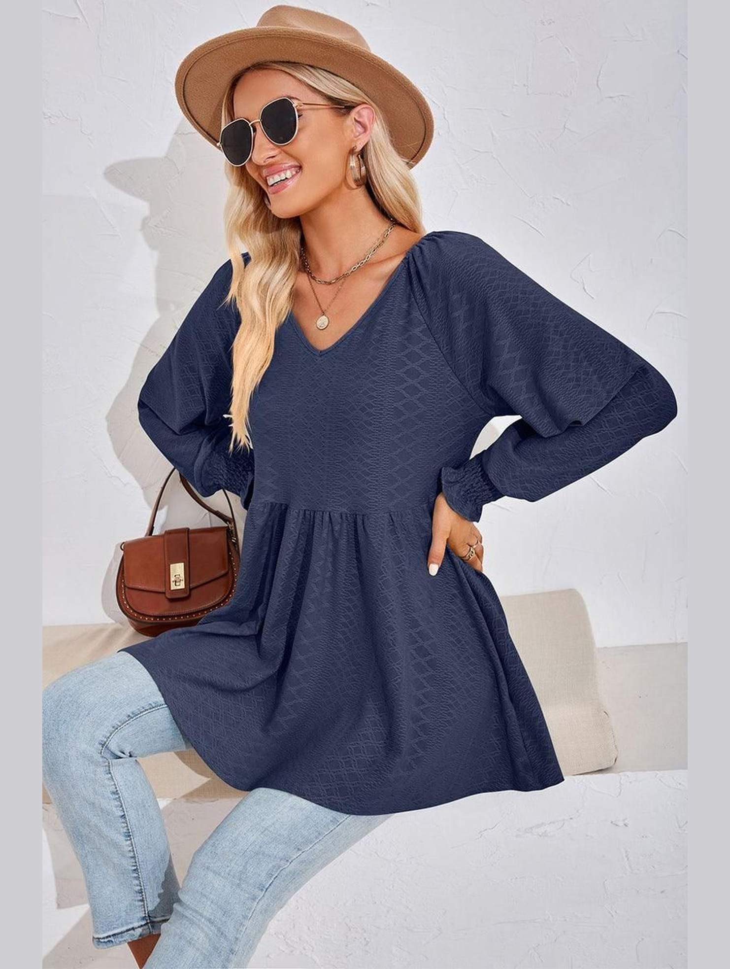 WOMEN V NECK PATTERNED RUFFLE SLEEVE TUNIC - Doublju