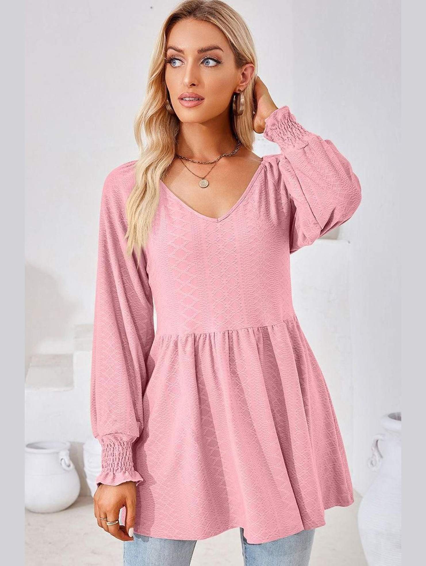 WOMEN V NECK PATTERNED RUFFLE SLEEVE TUNIC - Doublju