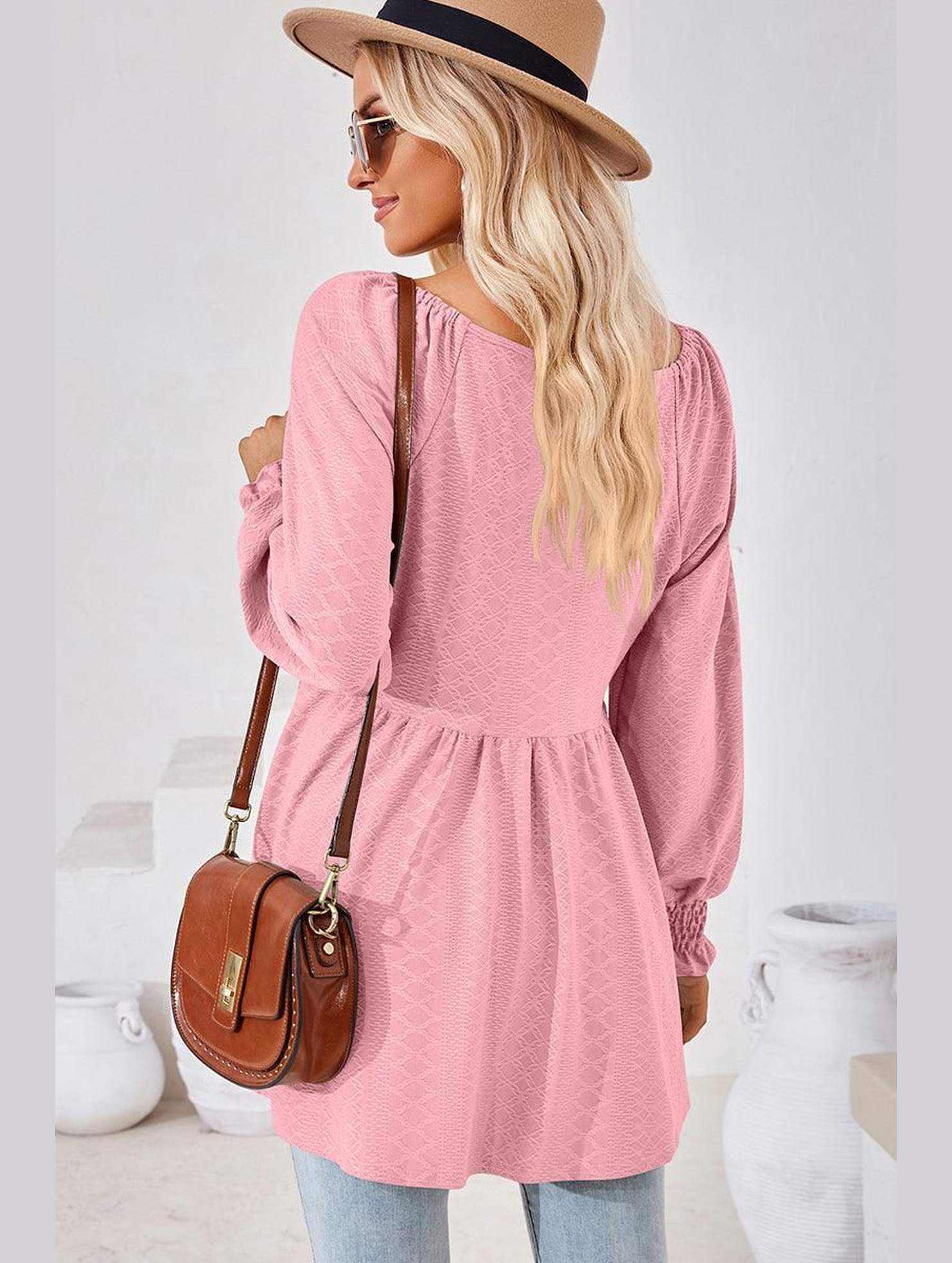 WOMEN V NECK PATTERNED RUFFLE SLEEVE TUNIC - Doublju