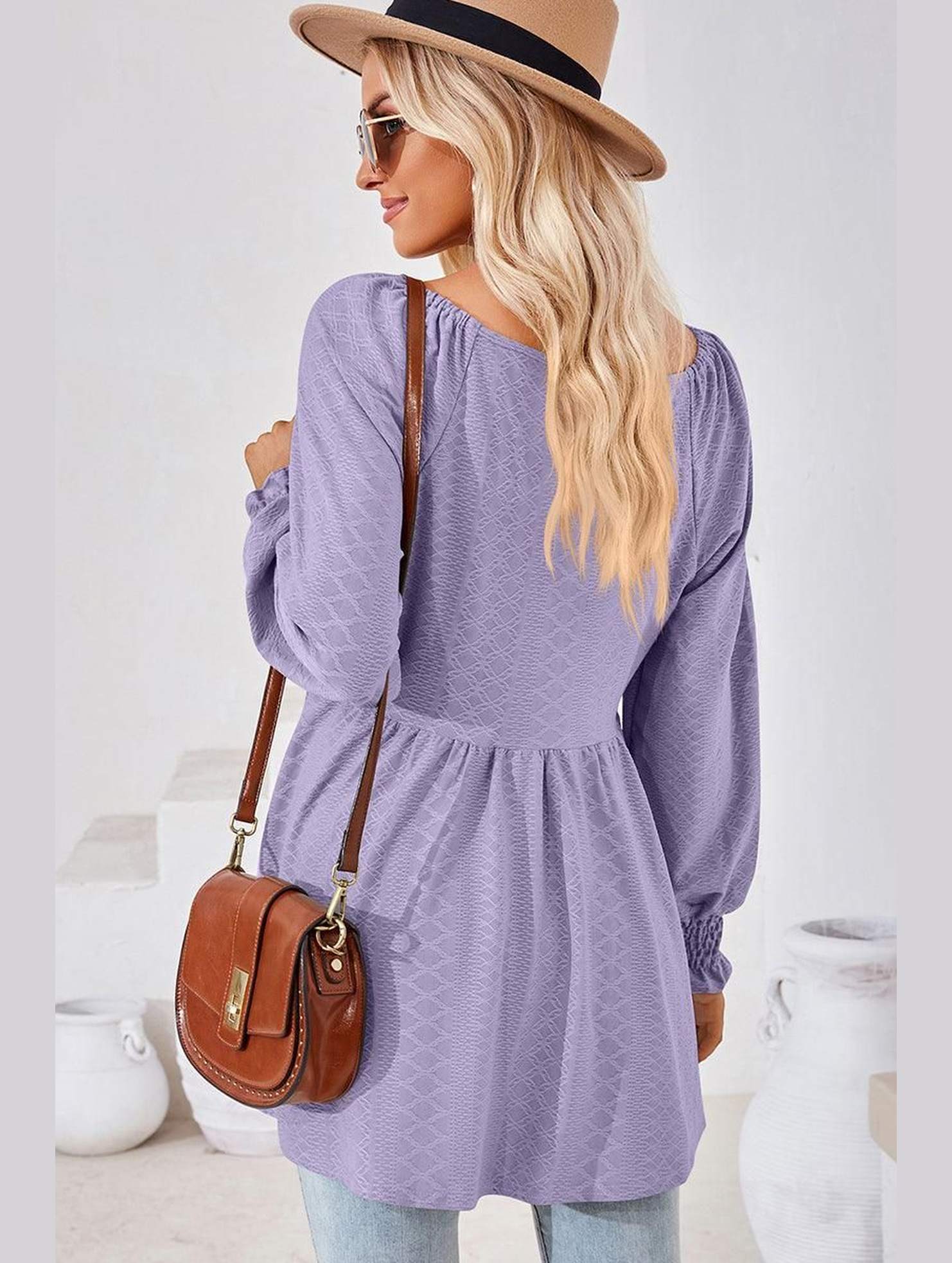 WOMEN V NECK PATTERNED RUFFLE SLEEVE TUNIC - Doublju
