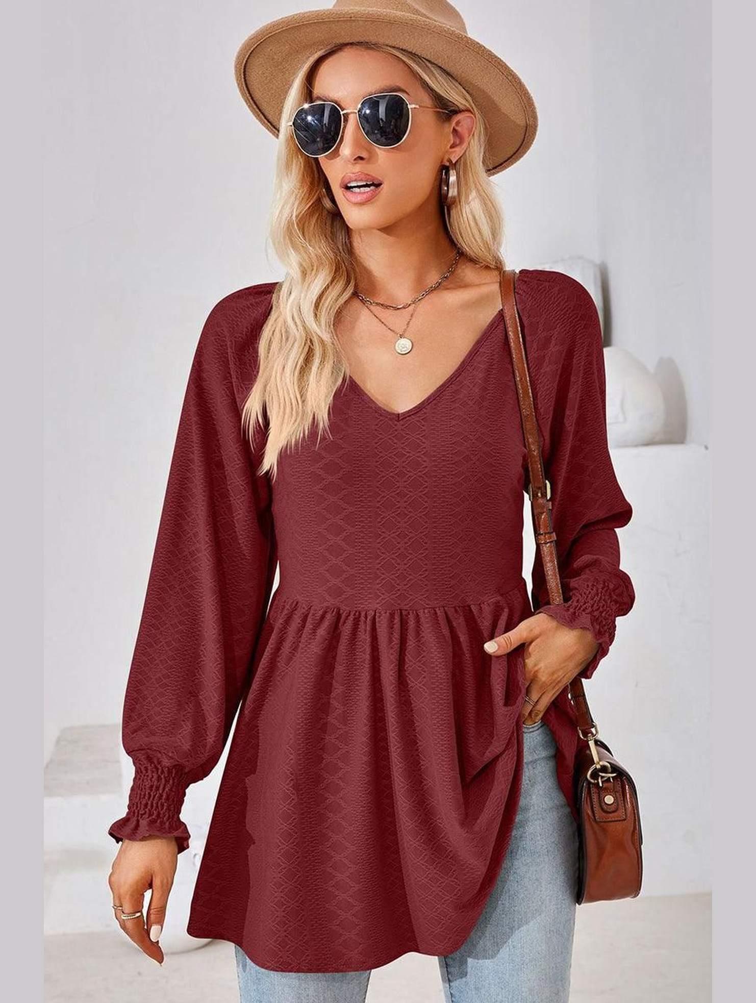 WOMEN V NECK PATTERNED RUFFLE SLEEVE TUNIC - Doublju
