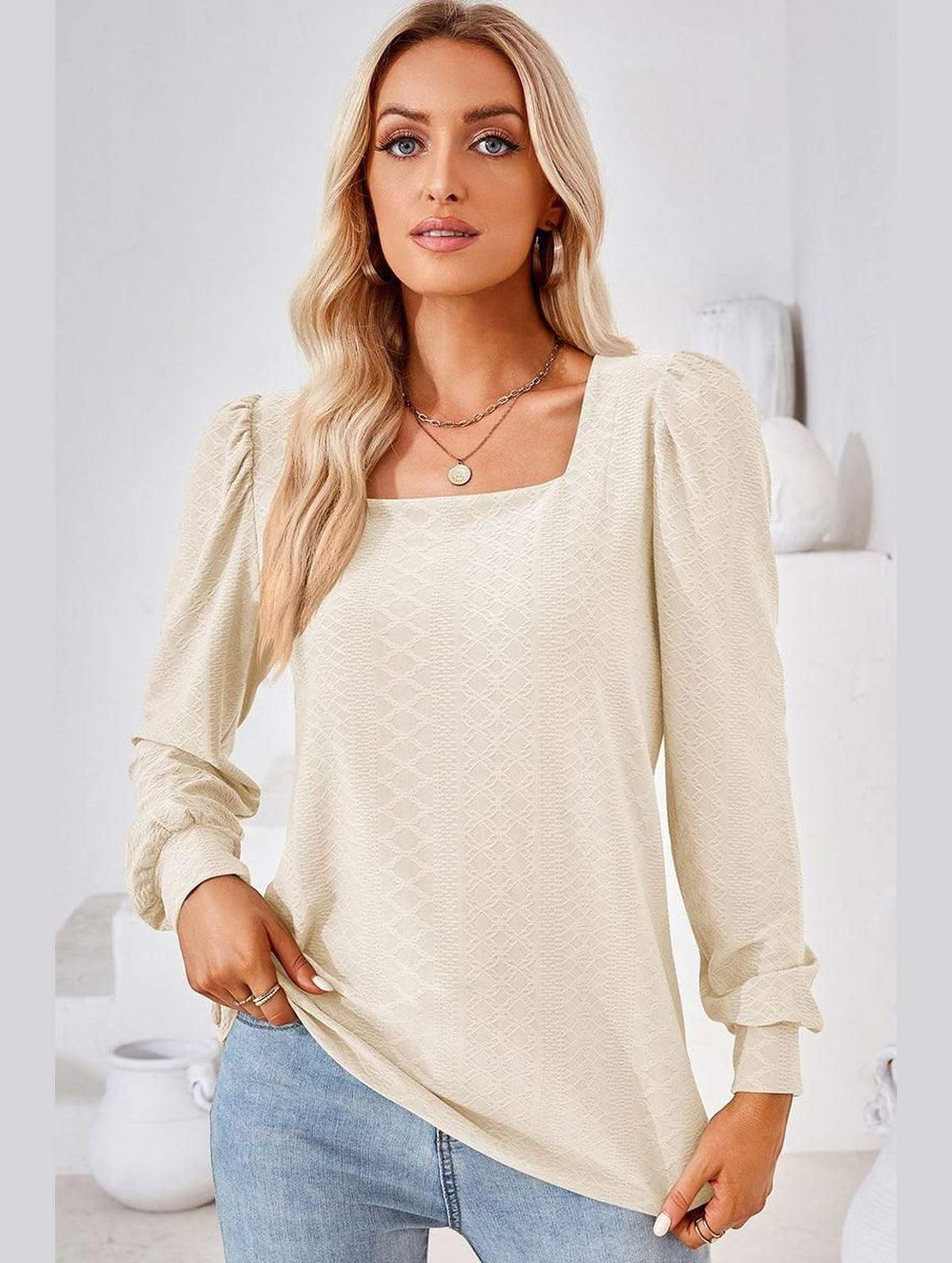 WOMEN PATTERN STITCHED SQUARE NECK PUFF SLEEVE TOP - Doublju