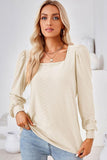 WOMEN PATTERN STITCHED SQUARE NECK PUFF SLEEVE TOP - Doublju