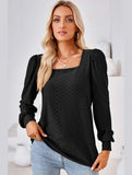 WOMEN PATTERN STITCHED SQUARE NECK PUFF SLEEVE TOP - Doublju
