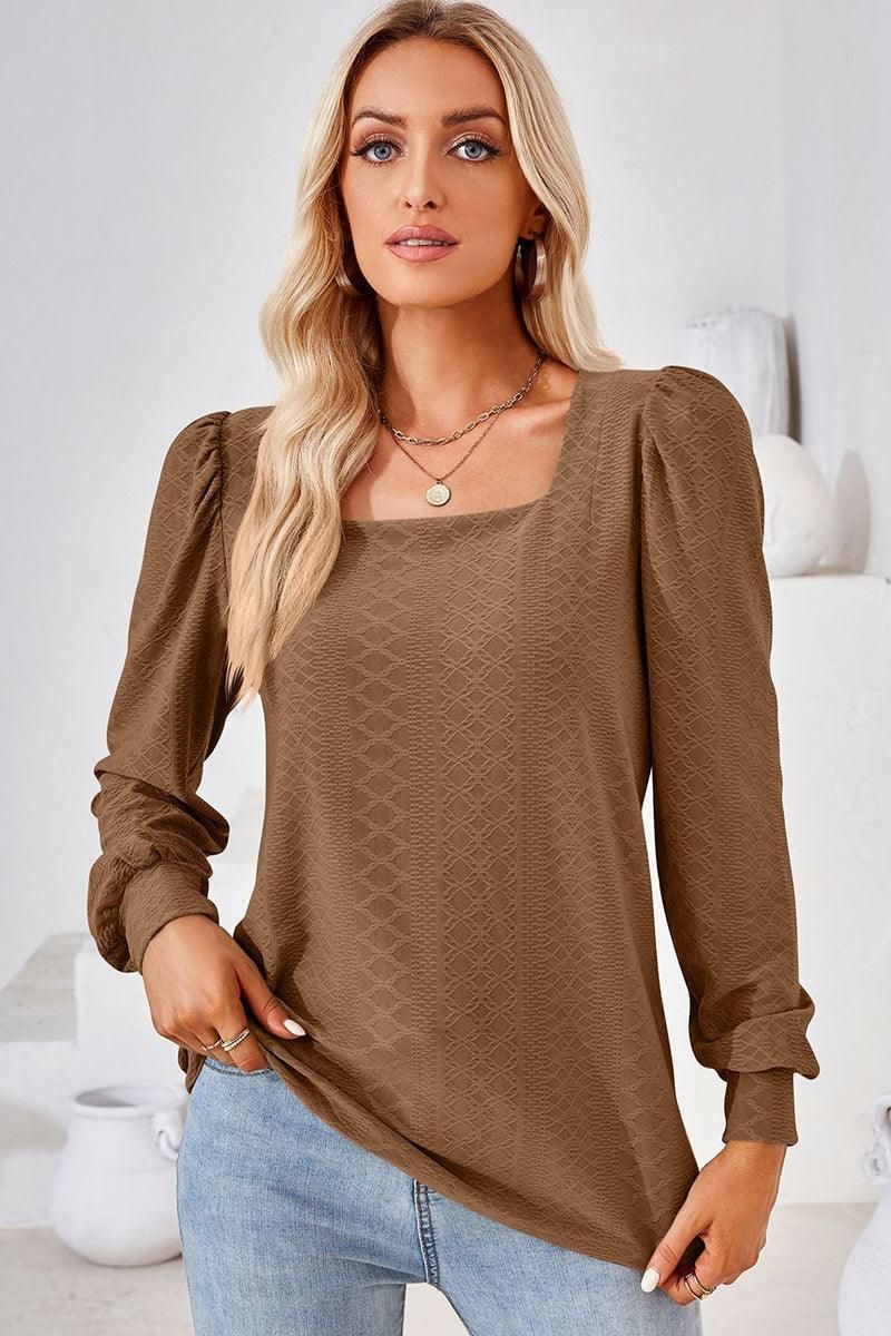 WOMEN PATTERN STITCHED SQUARE NECK PUFF SLEEVE TOP - Doublju