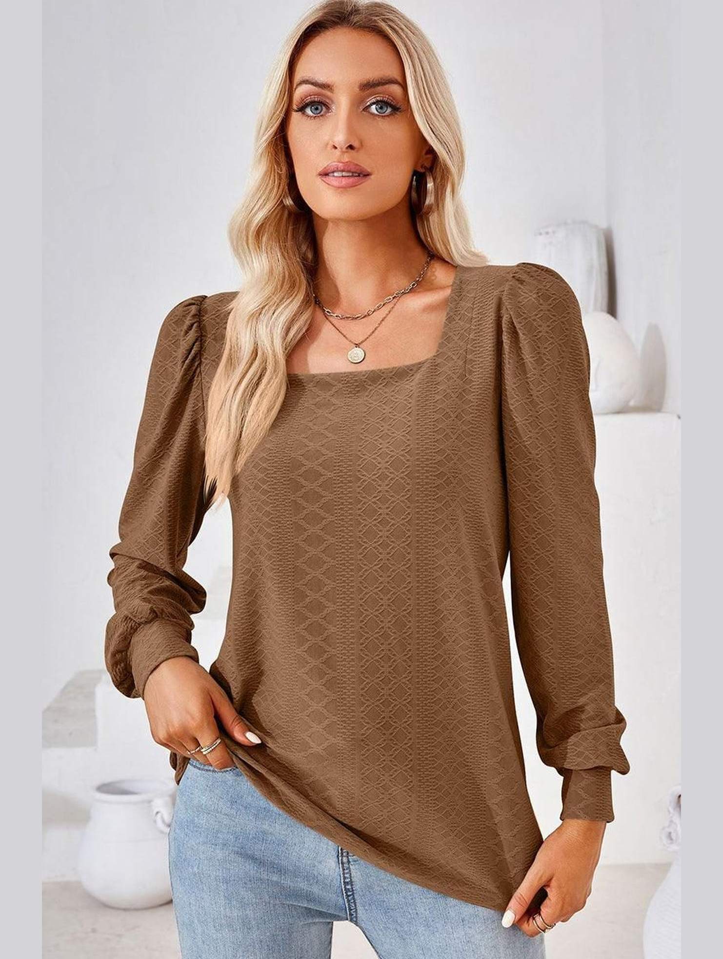 WOMEN PATTERN STITCHED SQUARE NECK PUFF SLEEVE TOP - Doublju