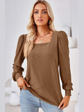 WOMEN PATTERN STITCHED SQUARE NECK PUFF SLEEVE TOP - Doublju