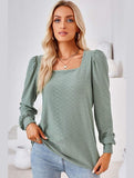 WOMEN PATTERN STITCHED SQUARE NECK PUFF SLEEVE TOP - Doublju