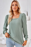 WOMEN PATTERN STITCHED SQUARE NECK PUFF SLEEVE TOP - Doublju
