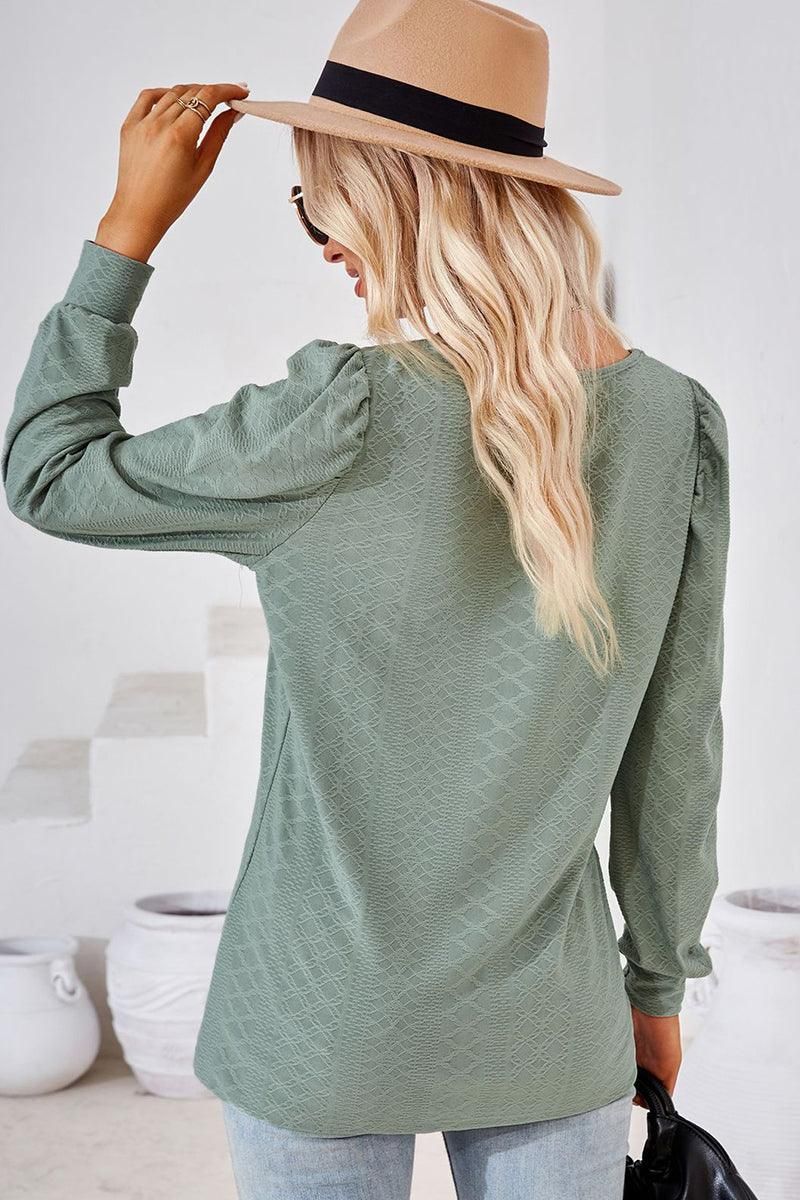 WOMEN PATTERN STITCHED SQUARE NECK PUFF SLEEVE TOP - Doublju