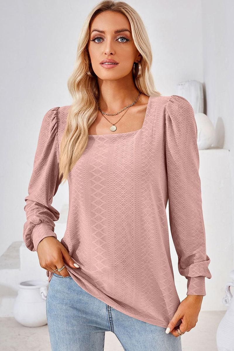 WOMEN PATTERN STITCHED SQUARE NECK PUFF SLEEVE TOP - Doublju
