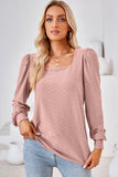 WOMEN PATTERN STITCHED SQUARE NECK PUFF SLEEVE TOP - Doublju