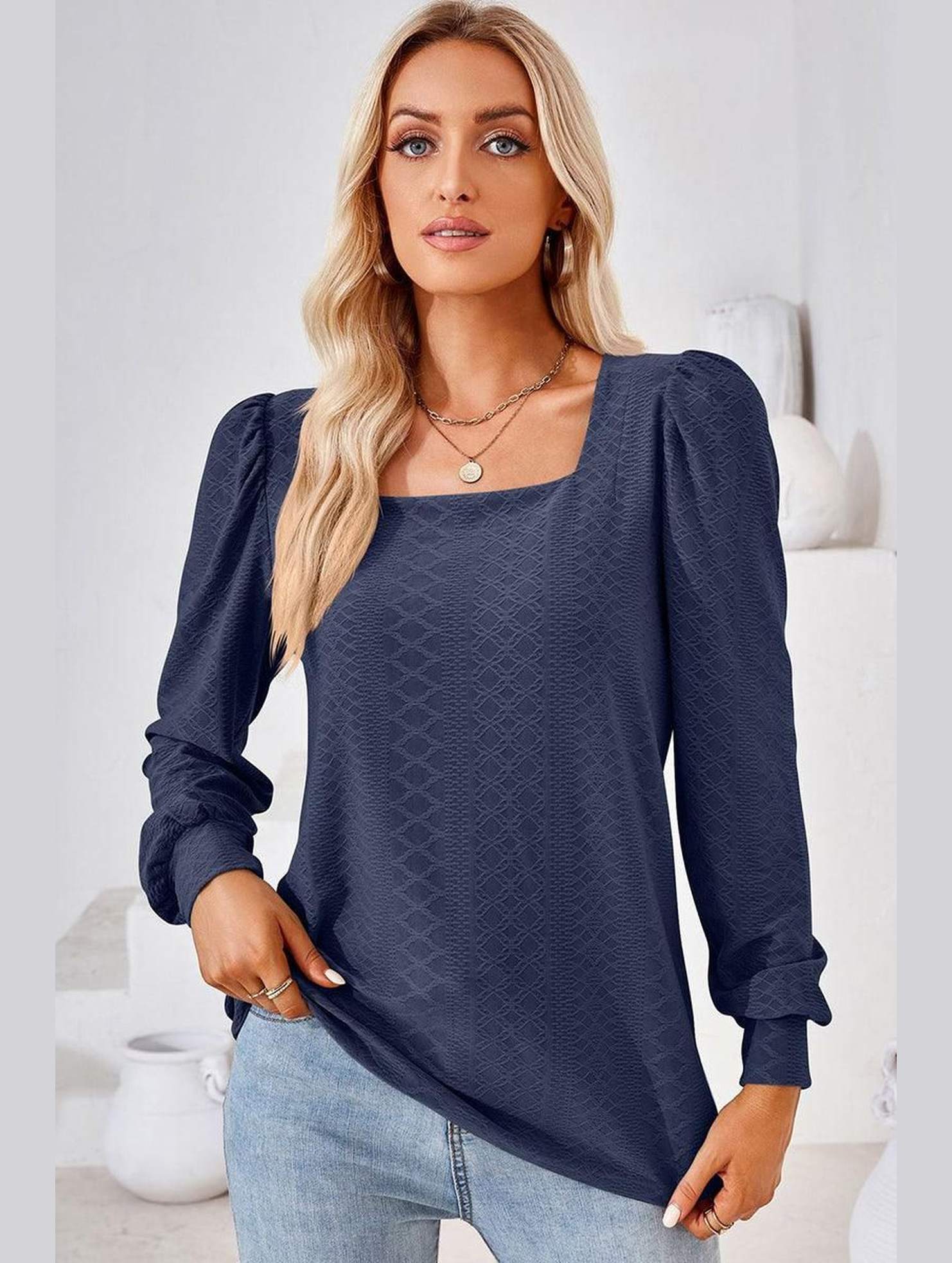 WOMEN PATTERN STITCHED SQUARE NECK PUFF SLEEVE TOP - Doublju