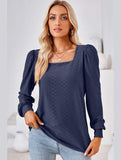 WOMEN PATTERN STITCHED SQUARE NECK PUFF SLEEVE TOP - Doublju