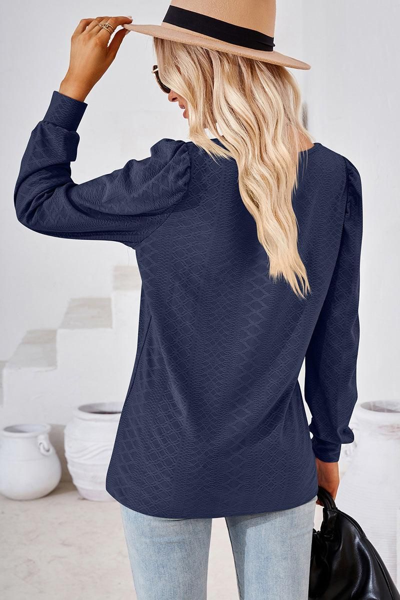 WOMEN PATTERN STITCHED SQUARE NECK PUFF SLEEVE TOP - Doublju