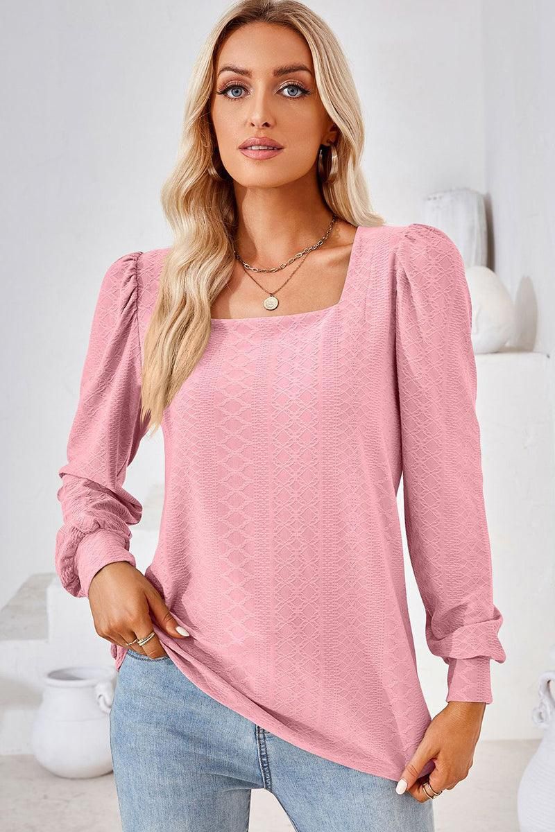 WOMEN PATTERN STITCHED SQUARE NECK PUFF SLEEVE TOP - Doublju