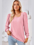 WOMEN PATTERN STITCHED SQUARE NECK PUFF SLEEVE TOP - Doublju