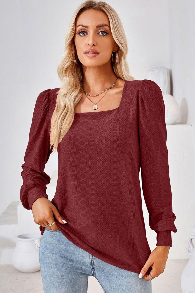 WOMEN PATTERN STITCHED SQUARE NECK PUFF SLEEVE TOP - Doublju