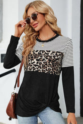 LEOPARD STRIPE BLOCKED CASUAL PULLOVER - Doublju