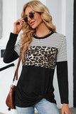 LEOPARD STRIPE BLOCKED CASUAL PULLOVER - Doublju