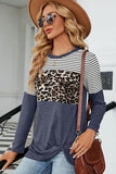 LEOPARD STRIPE BLOCKED CASUAL PULLOVER - Doublju