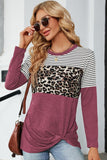 LEOPARD STRIPE BLOCKED CASUAL PULLOVER - Doublju