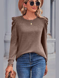 WOMEN LOOSE FIT SHIRRED PUFF SLEEVE PULLOVER TOP - Doublju