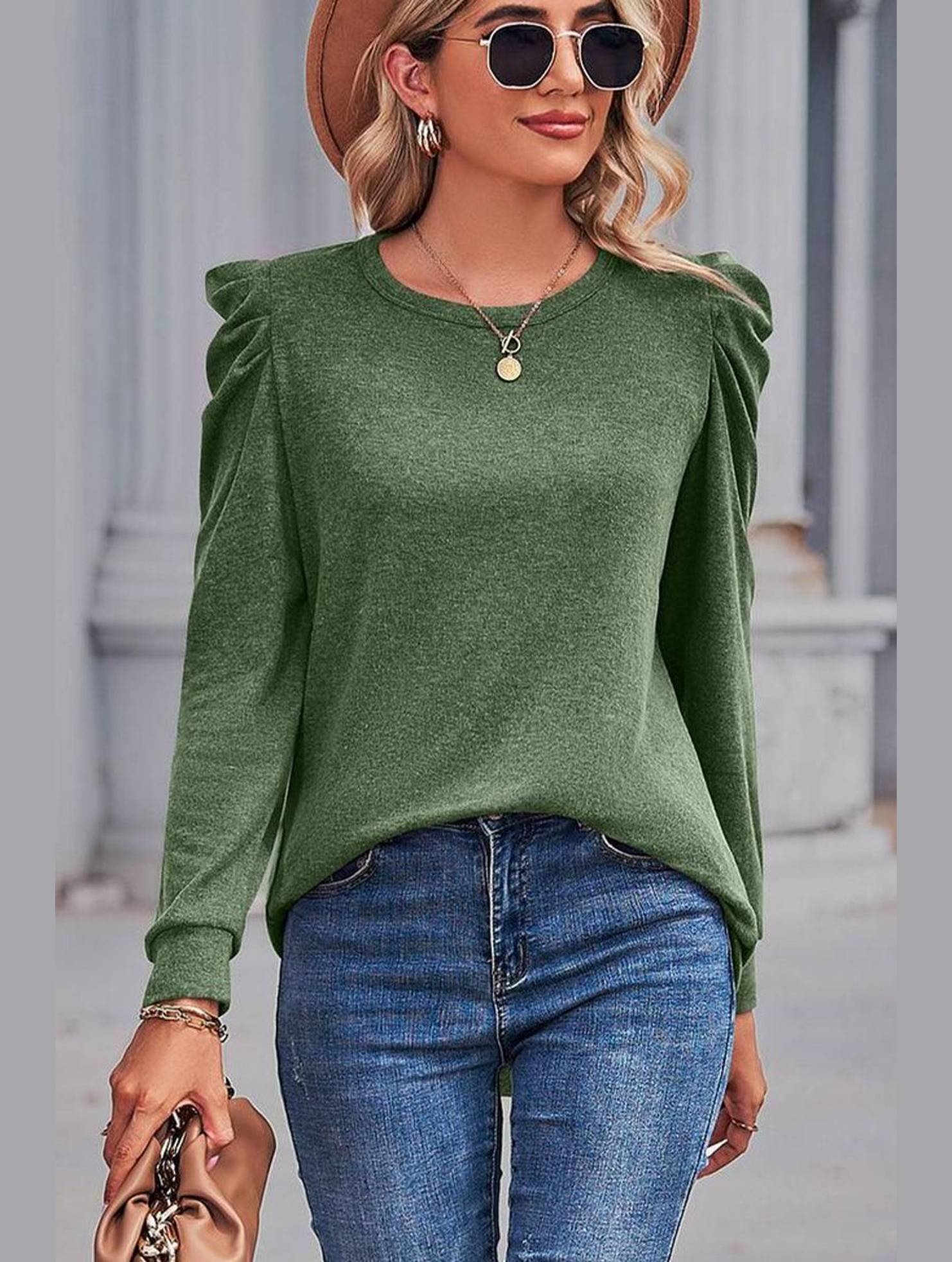 WOMEN LOOSE FIT SHIRRED PUFF SLEEVE PULLOVER TOP - Doublju