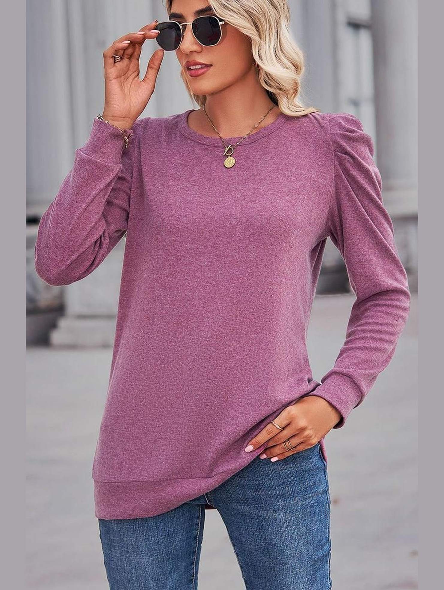 WOMEN LOOSE FIT SHIRRED PUFF SLEEVE PULLOVER TOP - Doublju