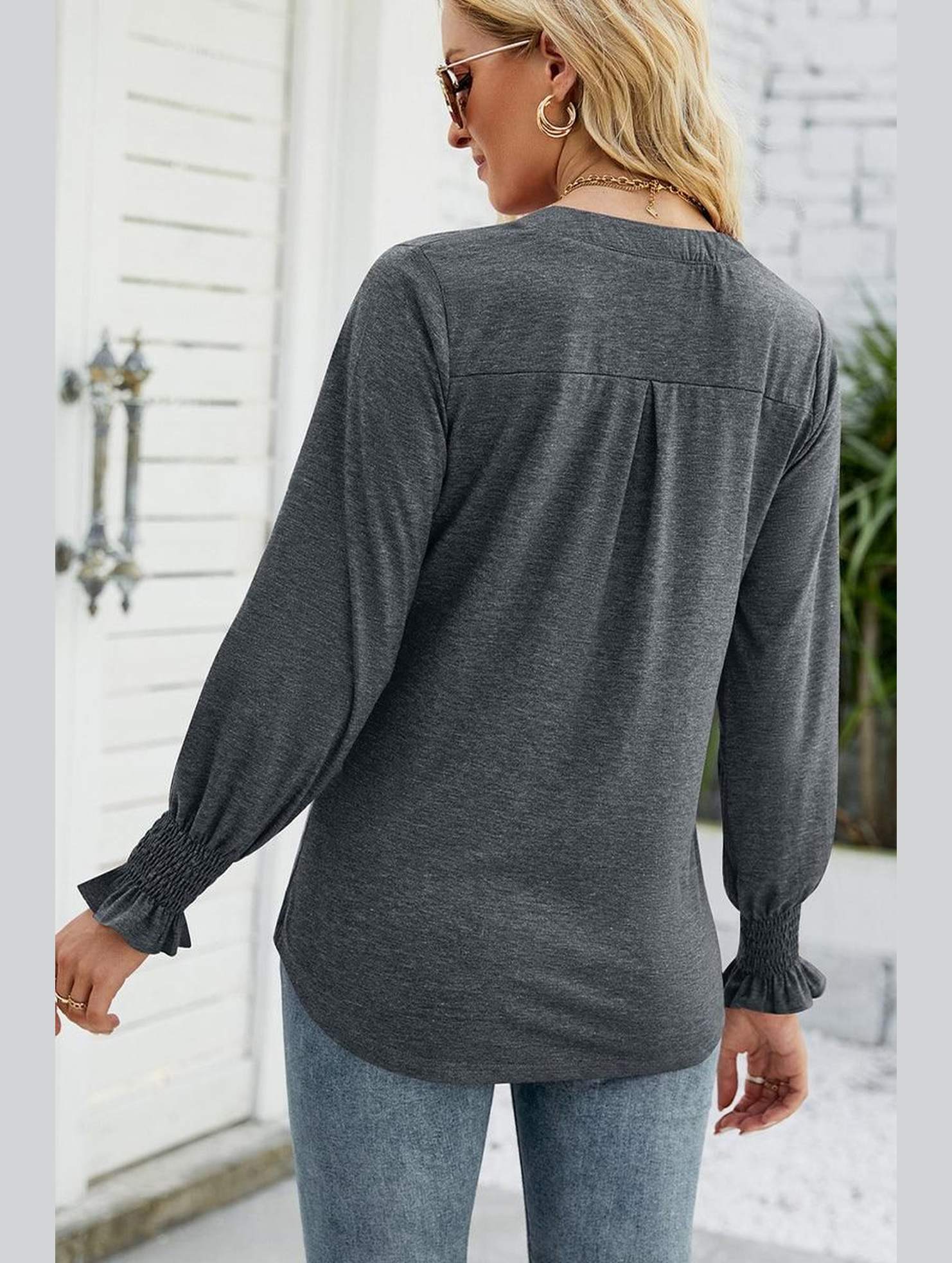 WOMEN V NECK FITTED RUFFLE SLEEVE OVERSIZED TOP - Doublju