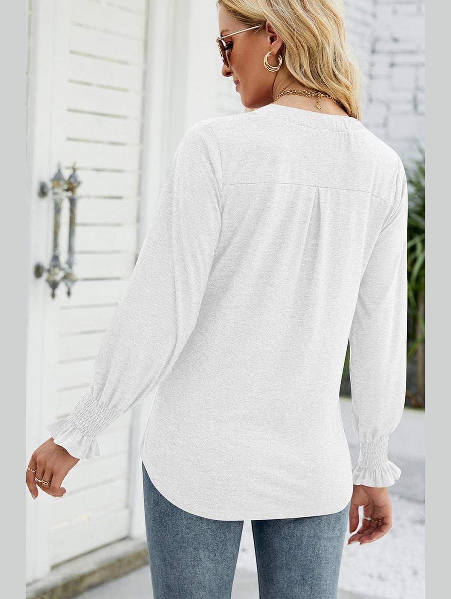 WOMEN V NECK FITTED RUFFLE SLEEVE OVERSIZED TOP - Doublju