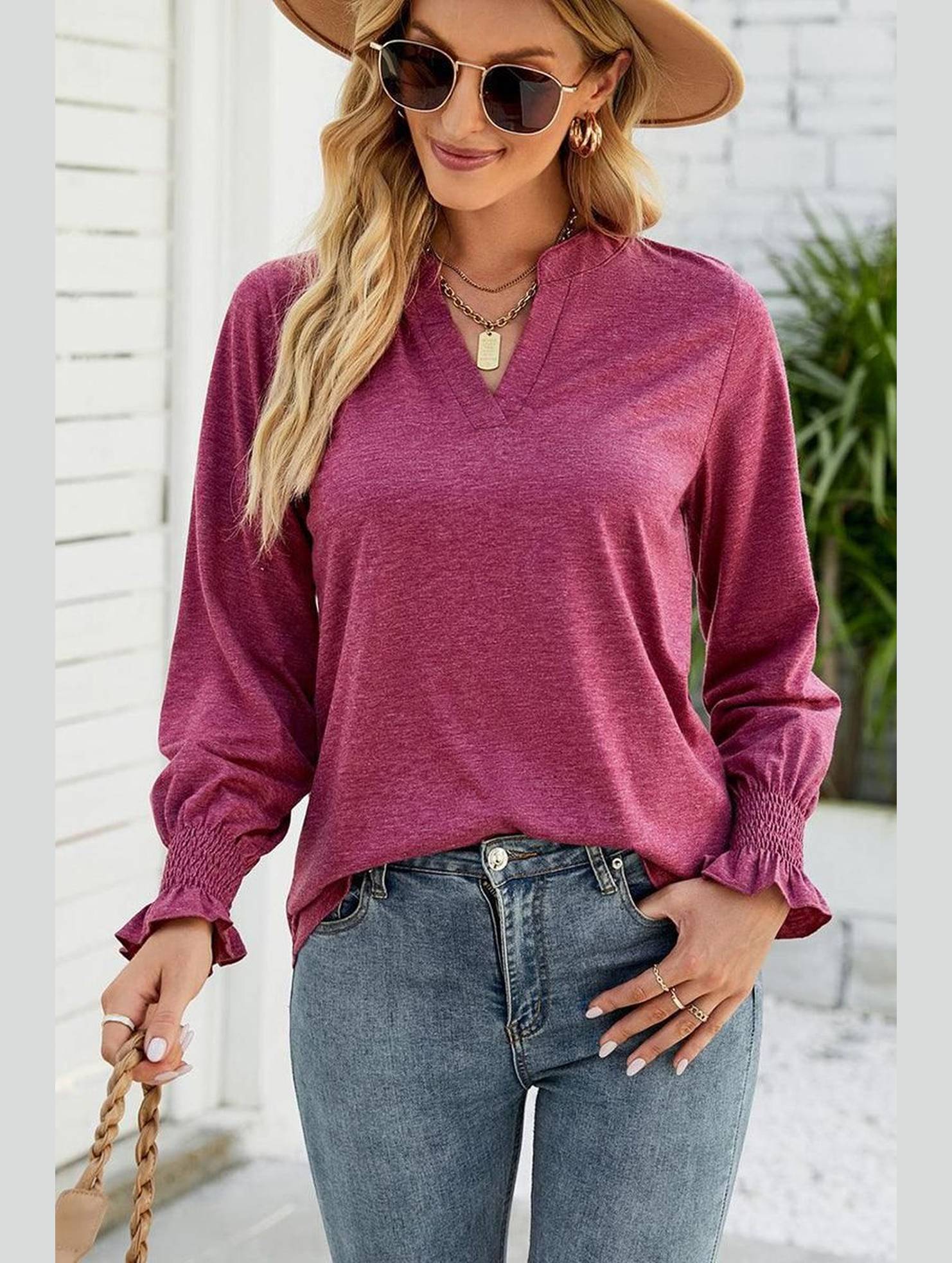 WOMEN V NECK FITTED RUFFLE SLEEVE OVERSIZED TOP - Doublju