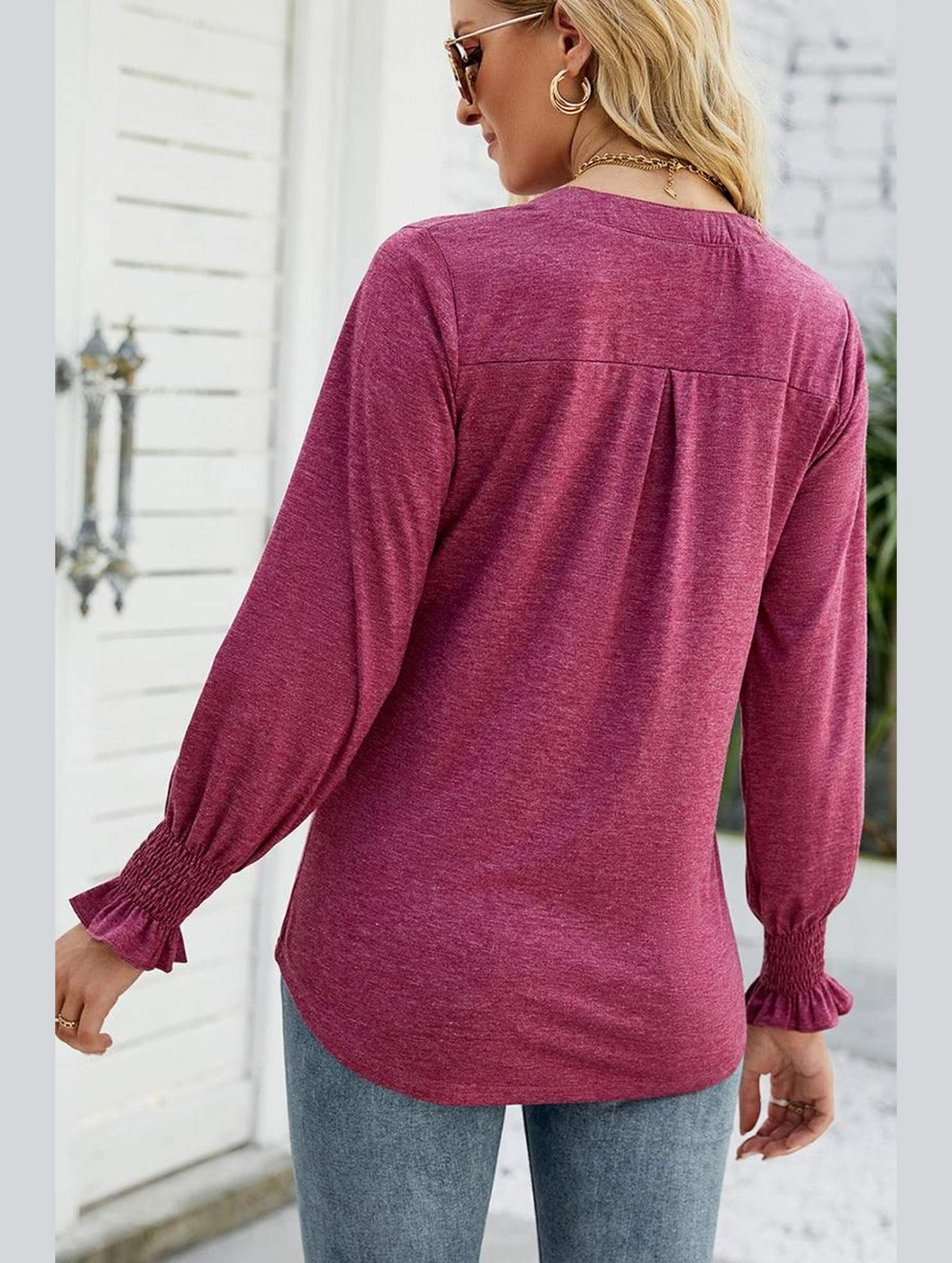 WOMEN V NECK FITTED RUFFLE SLEEVE OVERSIZED TOP - Doublju