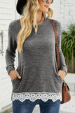 WOMEN ROUND NECK LACED HEM DETAILED PULLOVER TOP - Doublju