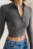 WOMEN HALF ZIP UP CORDUROY TIGHT CROP TOP
