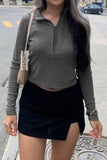 WOMEN HALF ZIP UP CORDUROY TIGHT CROP TOP