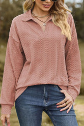 WOMEN TWIST CABLE STITCHED V NECK COLLAR T SHIRT