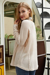 V NECK WAFFLE KNIT LONG SLEEVE TOP - Doublju