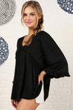 V- NECK WITH MINI RUFFLE DETAILED FLARE TOP - Doublju