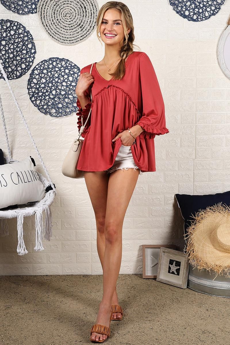 V- NECK WITH MINI RUFFLE DETAILED FLARE TOP - Doublju