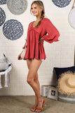 V- NECK WITH MINI RUFFLE DETAILED FLARE TOP - Doublju
