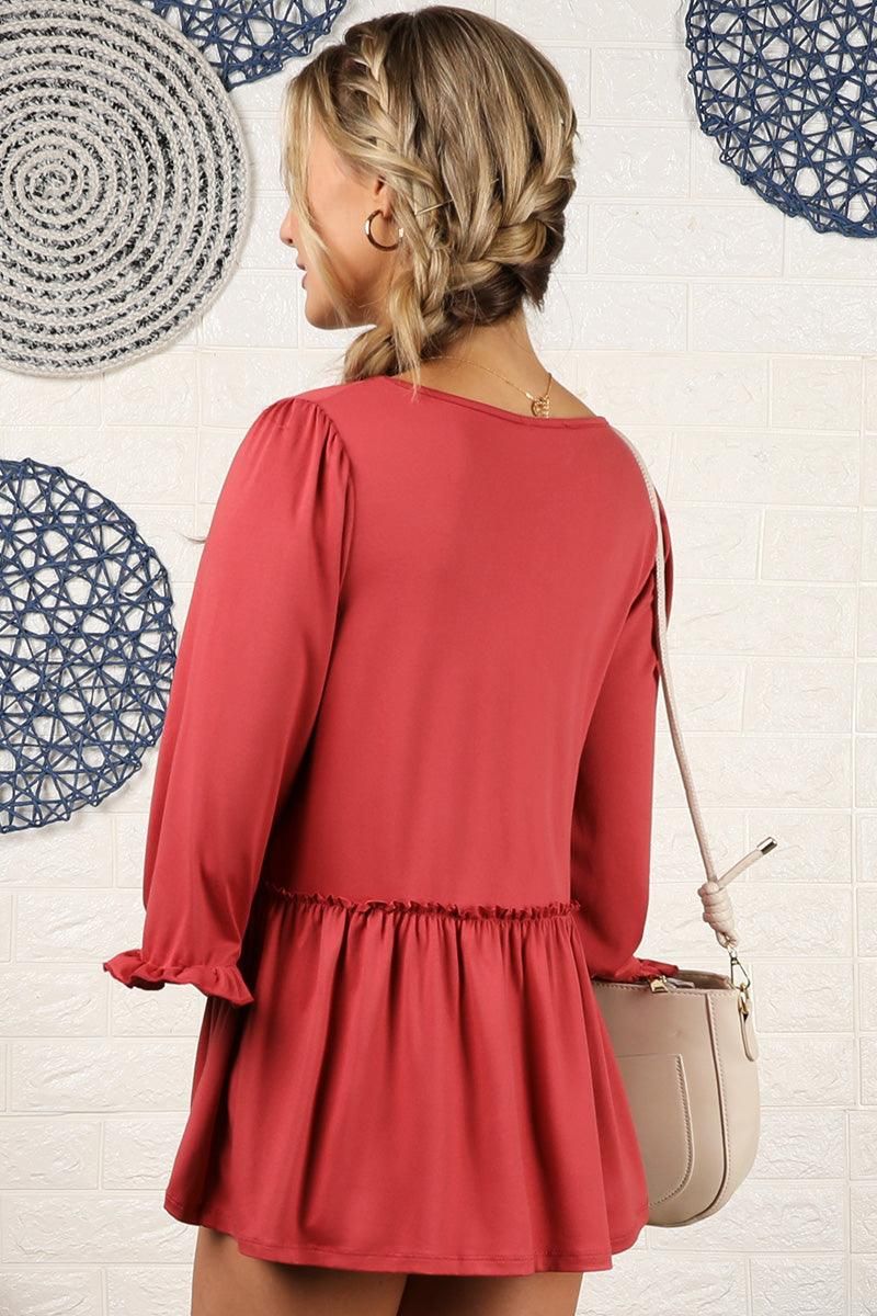V- NECK WITH MINI RUFFLE DETAILED FLARE TOP - Doublju