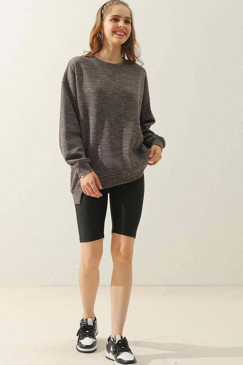 LONG SLEEVE ROUND NECK CUT HEM SWEATSHIRT - Doublju